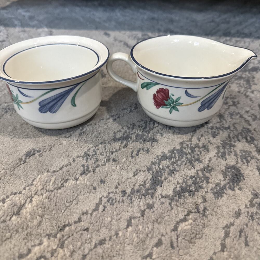 Lenox Chinastone Creamer and Sugar Bowl No Lid Poppies in Blue